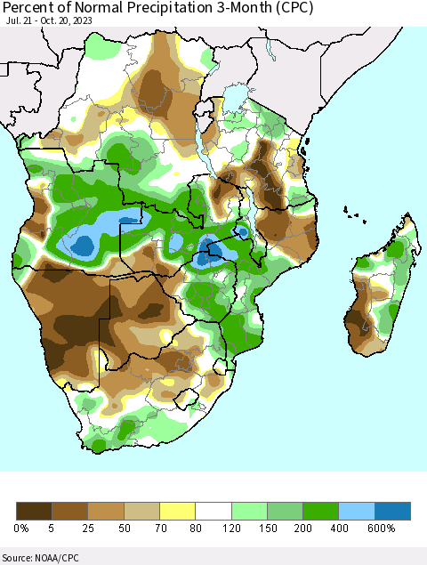 Southern Africa Percent of Normal Precipitation 3-Month (CPC) Thematic Map For 7/21/2023 - 10/20/2023