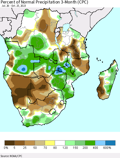 Southern Africa Percent of Normal Precipitation 3-Month (CPC) Thematic Map For 7/26/2023 - 10/25/2023