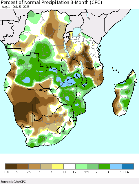 Southern Africa Percent of Normal Precipitation 3-Month (CPC) Thematic Map For 8/1/2023 - 10/31/2023