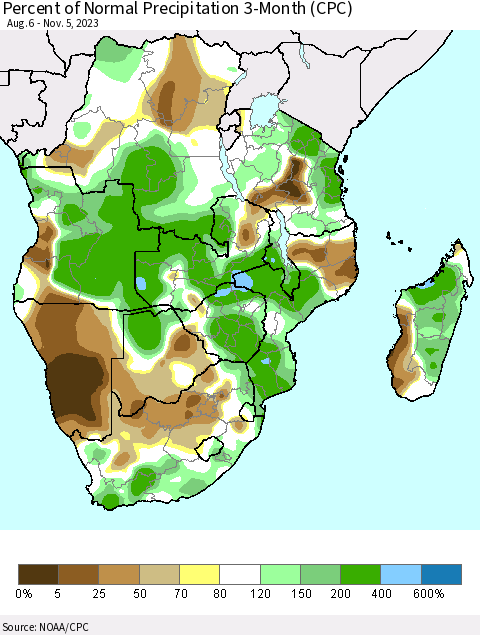 Southern Africa Percent of Normal Precipitation 3-Month (CPC) Thematic Map For 8/6/2023 - 11/5/2023