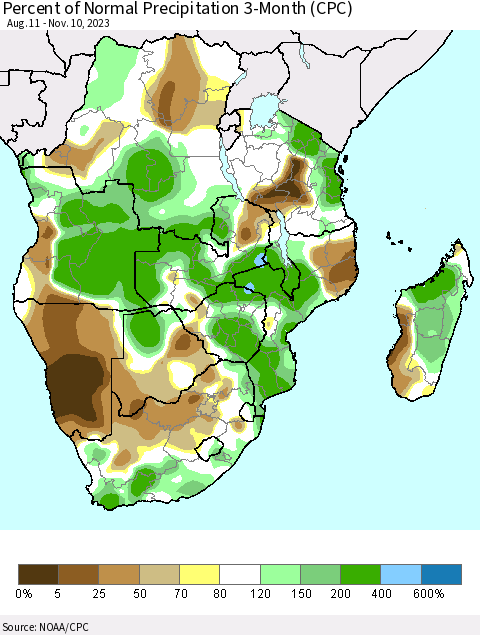 Southern Africa Percent of Normal Precipitation 3-Month (CPC) Thematic Map For 8/11/2023 - 11/10/2023