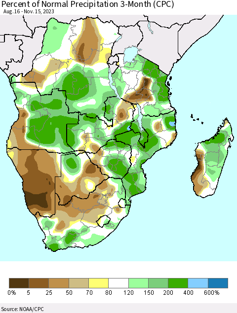 Southern Africa Percent of Normal Precipitation 3-Month (CPC) Thematic Map For 8/16/2023 - 11/15/2023