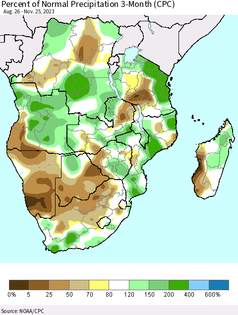 Southern Africa Percent of Normal Precipitation 3-Month (CPC) Thematic Map For 8/26/2023 - 11/25/2023