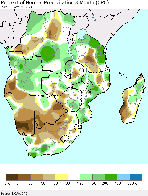 Southern Africa Percent of Normal Precipitation 3-Month (CPC) Thematic Map For 9/1/2023 - 11/30/2023