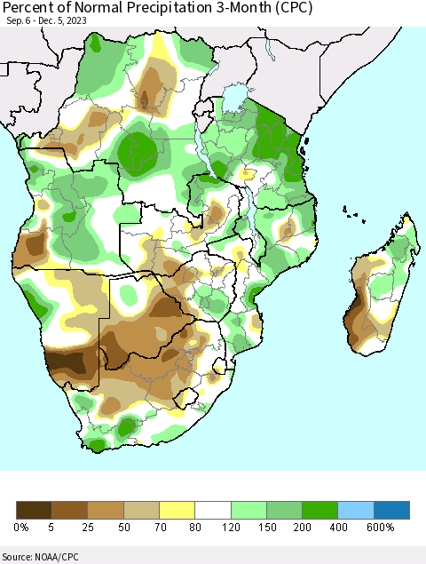 Southern Africa Percent of Normal Precipitation 3-Month (CPC) Thematic Map For 9/6/2023 - 12/5/2023