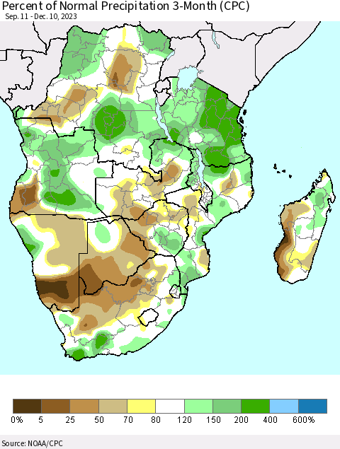 Southern Africa Percent of Normal Precipitation 3-Month (CPC) Thematic Map For 9/11/2023 - 12/10/2023