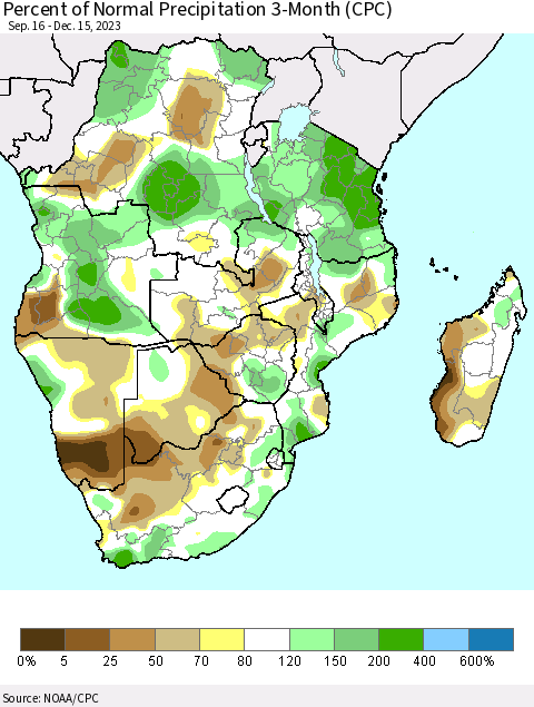 Southern Africa Percent of Normal Precipitation 3-Month (CPC) Thematic Map For 9/16/2023 - 12/15/2023
