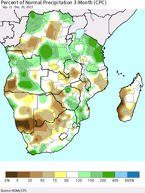 Southern Africa Percent of Normal Precipitation 3-Month (CPC) Thematic Map For 9/21/2023 - 12/20/2023