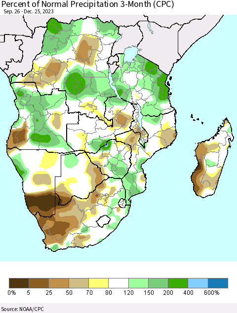 Southern Africa Percent of Normal Precipitation 3-Month (CPC) Thematic Map For 9/26/2023 - 12/25/2023