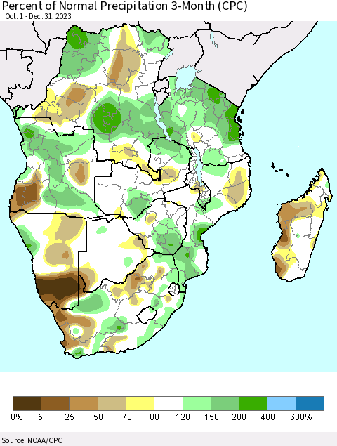 Southern Africa Percent of Normal Precipitation 3-Month (CPC) Thematic Map For 10/1/2023 - 12/31/2023
