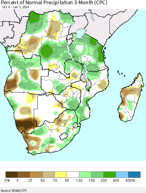 Southern Africa Percent of Normal Precipitation 3-Month (CPC) Thematic Map For 10/6/2023 - 1/5/2024