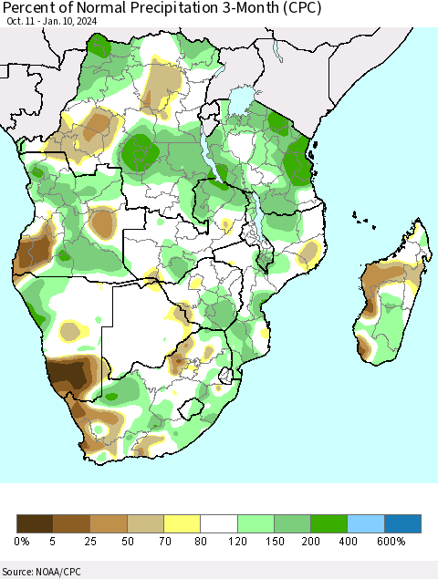 Southern Africa Percent of Normal Precipitation 3-Month (CPC) Thematic Map For 10/11/2023 - 1/10/2024