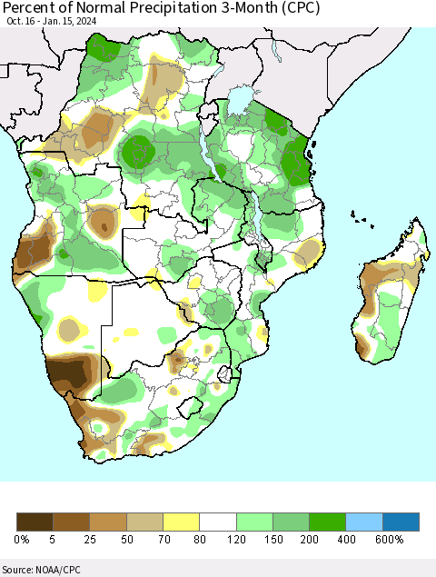 Southern Africa Percent of Normal Precipitation 3-Month (CPC) Thematic Map For 10/16/2023 - 1/15/2024