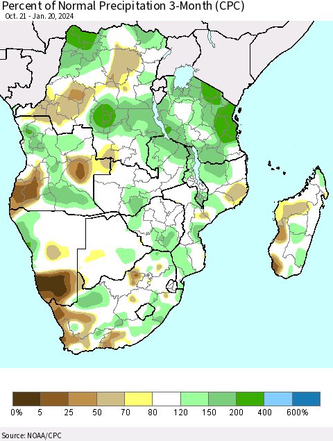 Southern Africa Percent of Normal Precipitation 3-Month (CPC) Thematic Map For 10/21/2023 - 1/20/2024