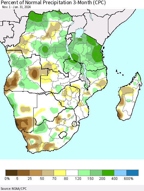 Southern Africa Percent of Normal Precipitation 3-Month (CPC) Thematic Map For 11/1/2023 - 1/31/2024