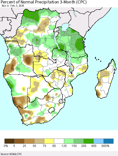 Southern Africa Percent of Normal Precipitation 3-Month (CPC) Thematic Map For 11/6/2023 - 2/5/2024