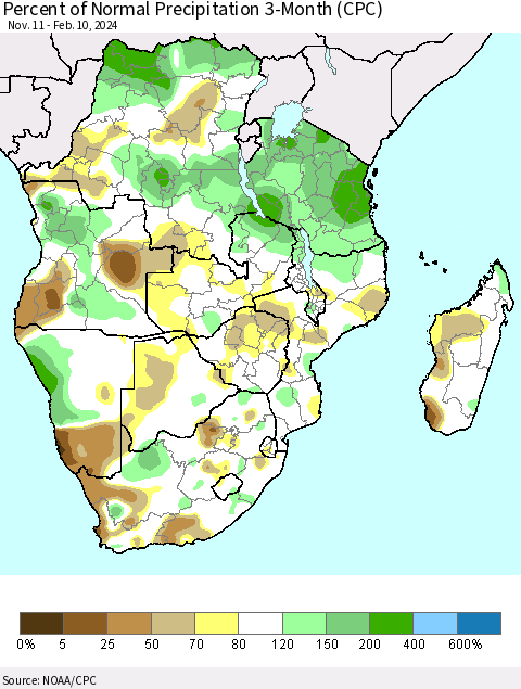 Southern Africa Percent of Normal Precipitation 3-Month (CPC) Thematic Map For 11/11/2023 - 2/10/2024
