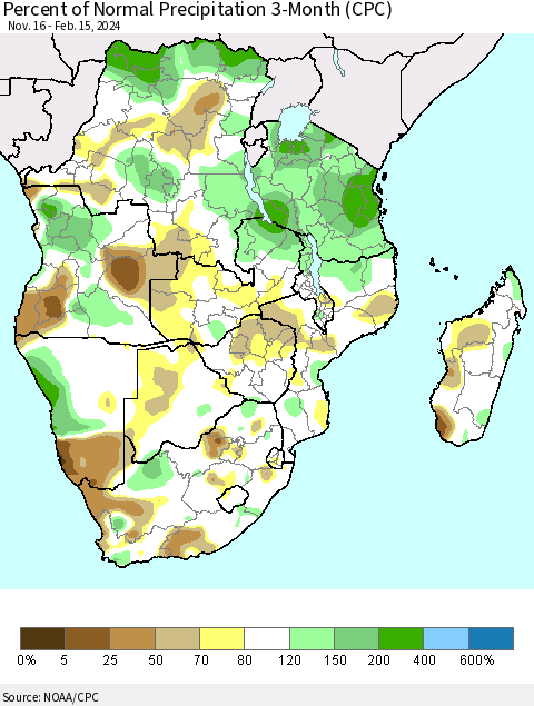 Southern Africa Percent of Normal Precipitation 3-Month (CPC) Thematic Map For 11/16/2023 - 2/15/2024