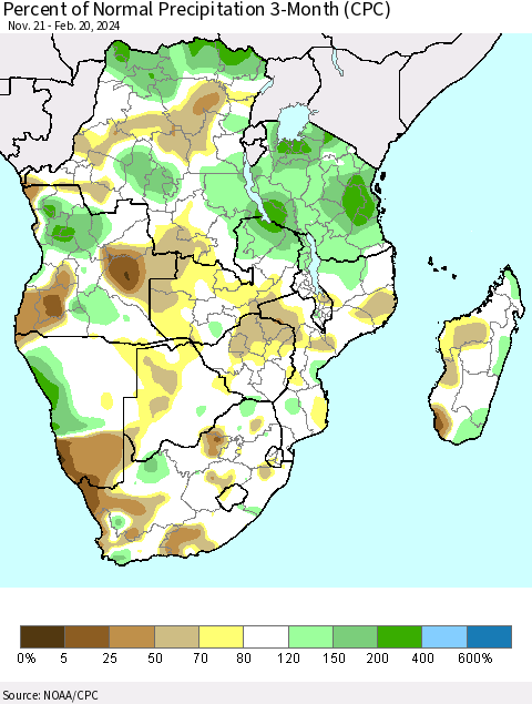Southern Africa Percent of Normal Precipitation 3-Month (CPC) Thematic Map For 11/21/2023 - 2/20/2024