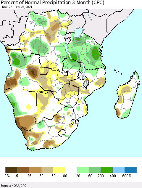 Southern Africa Percent of Normal Precipitation 3-Month (CPC) Thematic Map For 11/26/2023 - 2/25/2024
