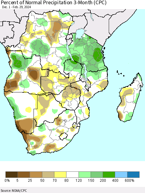 Southern Africa Percent of Normal Precipitation 3-Month (CPC) Thematic Map For 12/1/2023 - 2/29/2024