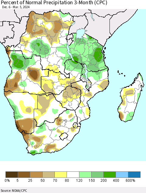 Southern Africa Percent of Normal Precipitation 3-Month (CPC) Thematic Map For 12/6/2023 - 3/5/2024