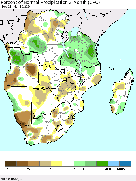 Southern Africa Percent of Normal Precipitation 3-Month (CPC) Thematic Map For 12/11/2023 - 3/10/2024