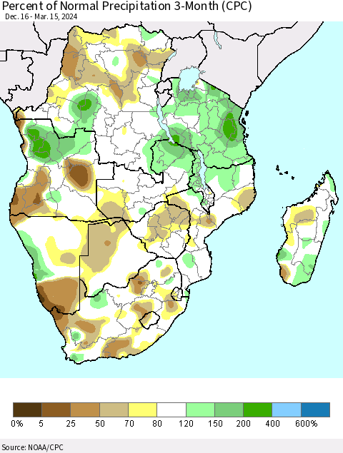 Southern Africa Percent of Normal Precipitation 3-Month (CPC) Thematic Map For 12/16/2023 - 3/15/2024
