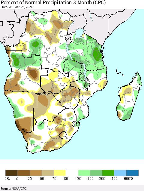 Southern Africa Percent of Normal Precipitation 3-Month (CPC) Thematic Map For 12/26/2023 - 3/25/2024