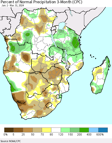Southern Africa Percent of Normal Precipitation 3-Month (CPC) Thematic Map For 1/1/2024 - 3/31/2024