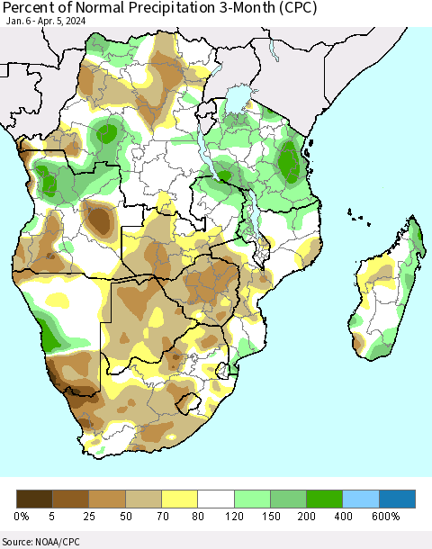 Southern Africa Percent of Normal Precipitation 3-Month (CPC) Thematic Map For 1/6/2024 - 4/5/2024