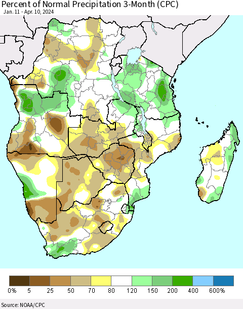 Southern Africa Percent of Normal Precipitation 3-Month (CPC) Thematic Map For 1/11/2024 - 4/10/2024