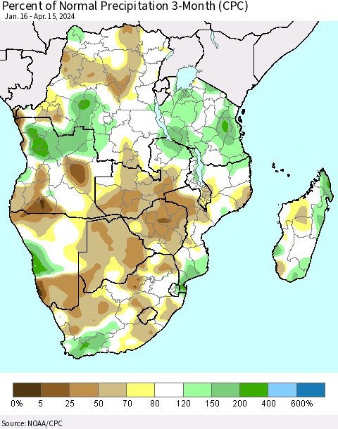 Southern Africa Percent of Normal Precipitation 3-Month (CPC) Thematic Map For 1/16/2024 - 4/15/2024