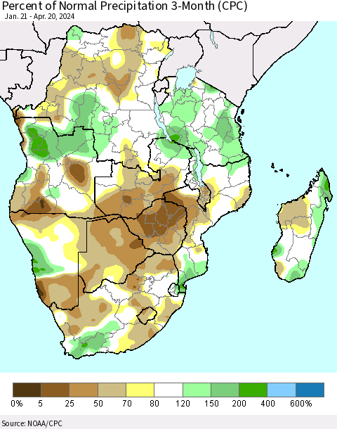 Southern Africa Percent of Normal Precipitation 3-Month (CPC) Thematic Map For 1/21/2024 - 4/20/2024