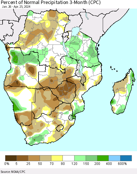 Southern Africa Percent of Normal Precipitation 3-Month (CPC) Thematic Map For 1/26/2024 - 4/25/2024