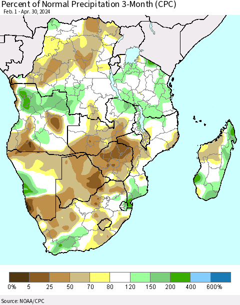 Southern Africa Percent of Normal Precipitation 3-Month (CPC) Thematic Map For 2/1/2024 - 4/30/2024