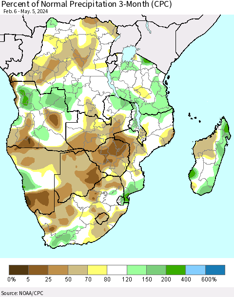 Southern Africa Percent of Normal Precipitation 3-Month (CPC) Thematic Map For 2/6/2024 - 5/5/2024