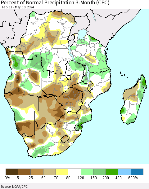Southern Africa Percent of Normal Precipitation 3-Month (CPC) Thematic Map For 2/11/2024 - 5/10/2024