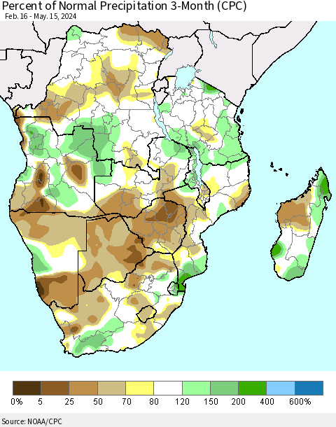 Southern Africa Percent of Normal Precipitation 3-Month (CPC) Thematic Map For 2/16/2024 - 5/15/2024