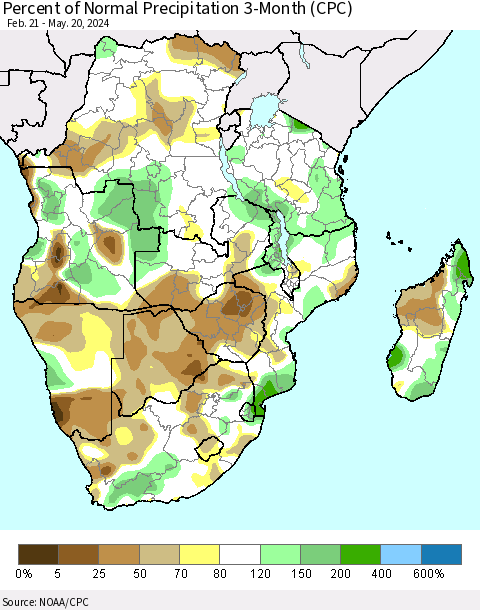 Southern Africa Percent of Normal Precipitation 3-Month (CPC) Thematic Map For 2/21/2024 - 5/20/2024