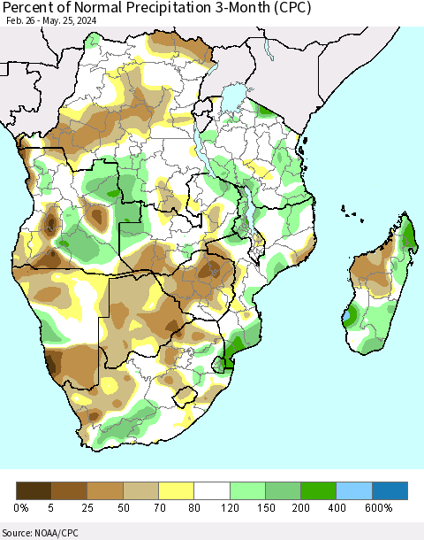 Southern Africa Percent of Normal Precipitation 3-Month (CPC) Thematic Map For 2/26/2024 - 5/25/2024