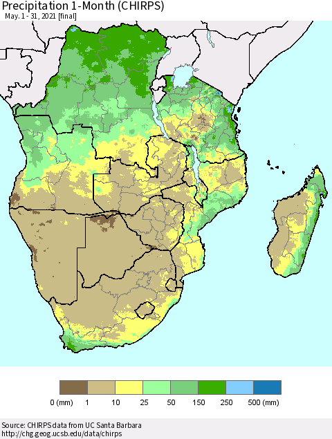Southern Africa Precipitation 1-Month (CHIRPS) Thematic Map For 5/1/2021 - 5/31/2021