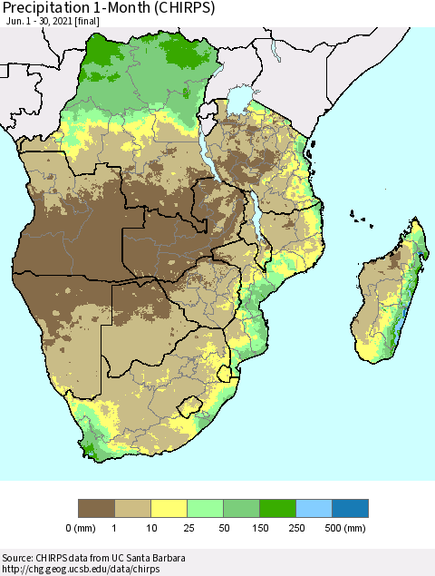 Southern Africa Precipitation 1-Month (CHIRPS) Thematic Map For 6/1/2021 - 6/30/2021