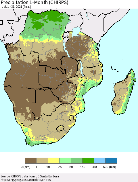 Southern Africa Precipitation 1-Month (CHIRPS) Thematic Map For 7/1/2021 - 7/31/2021