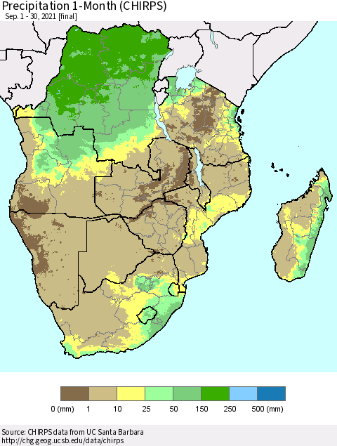 Southern Africa Precipitation 1-Month (CHIRPS) Thematic Map For 9/1/2021 - 9/30/2021