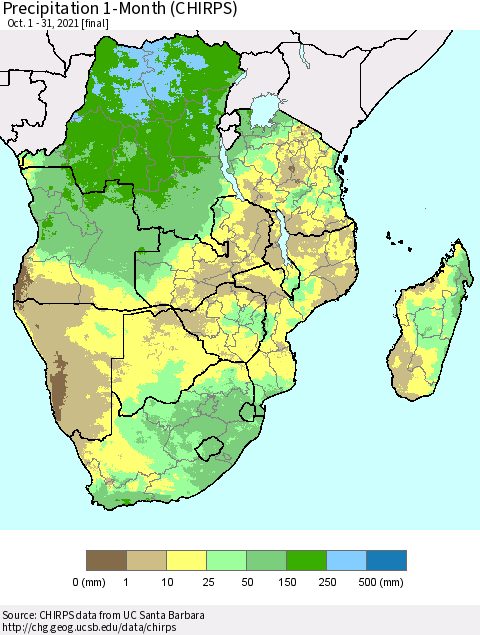 Southern Africa Precipitation 1-Month (CHIRPS) Thematic Map For 10/1/2021 - 10/31/2021