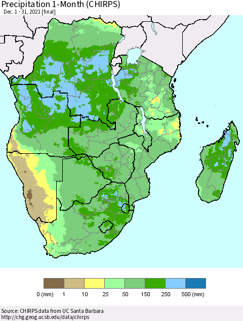 Southern Africa Precipitation 1-Month (CHIRPS) Thematic Map For 12/1/2021 - 12/31/2021