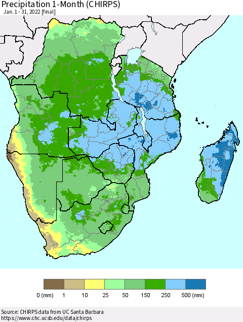 Southern Africa Precipitation 1-Month (CHIRPS) Thematic Map For 1/1/2022 - 1/31/2022