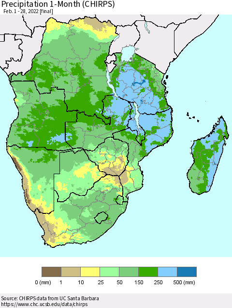 Southern Africa Precipitation 1-Month (CHIRPS) Thematic Map For 2/1/2022 - 2/28/2022