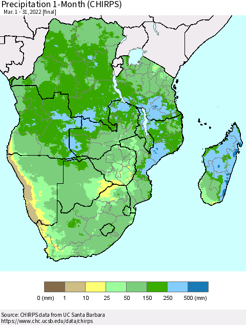 Southern Africa Precipitation 1-Month (CHIRPS) Thematic Map For 3/1/2022 - 3/31/2022